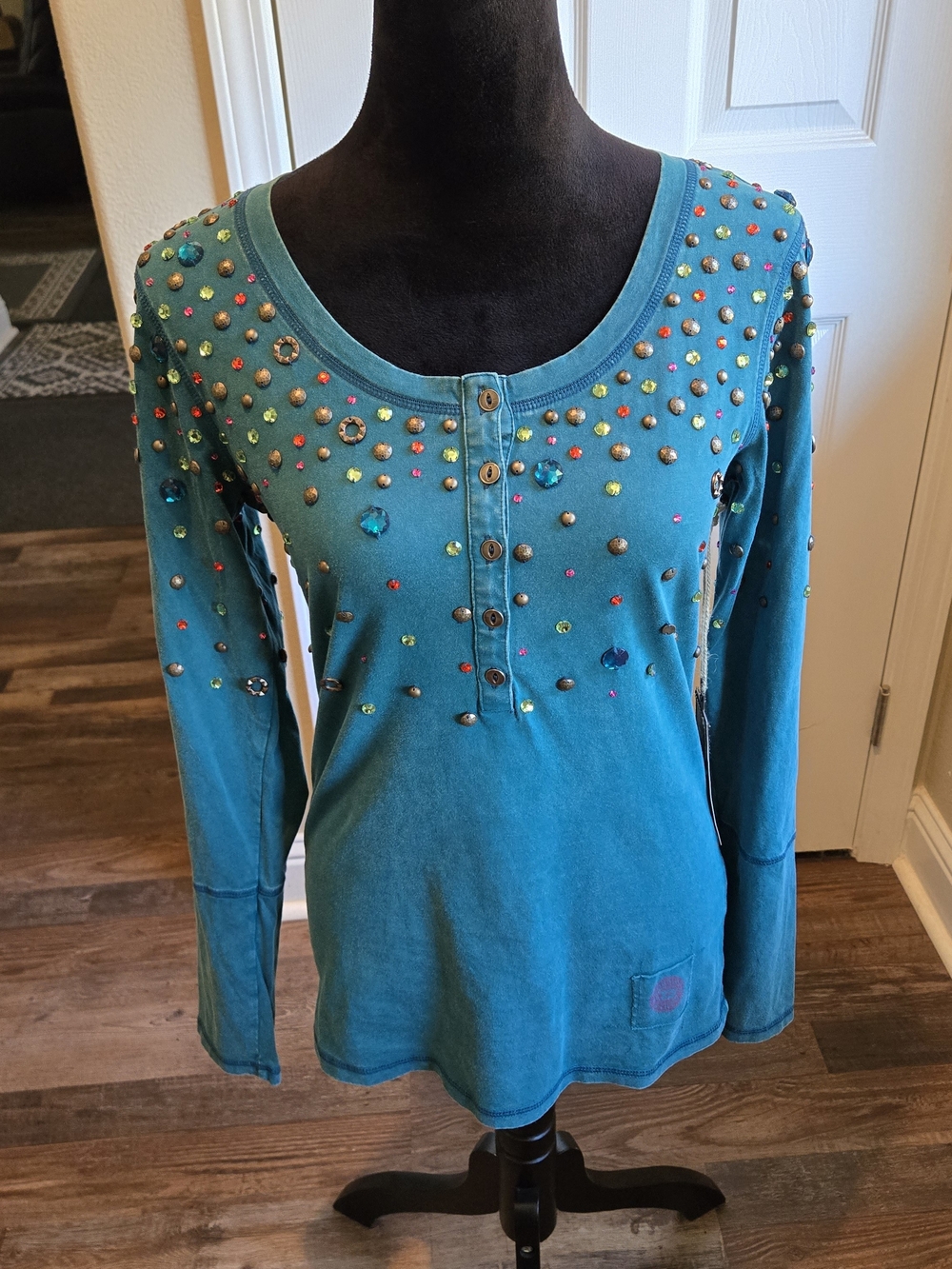Double D Ranch Teal Crystal Embellished Long-Sleeve Henley Top